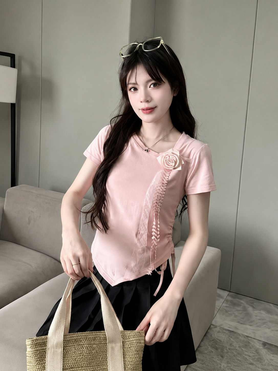 3D Rosette Ruched Side Asymmetric Top
