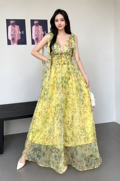 Smocked Waist Watercolor Organza Maxi Dress with Tie Shoulders