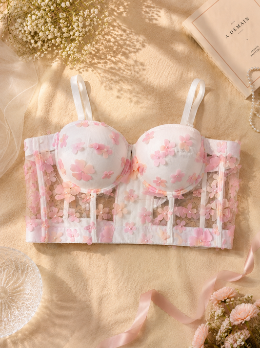 3D Floral Applique Mesh Corset Bustier Top