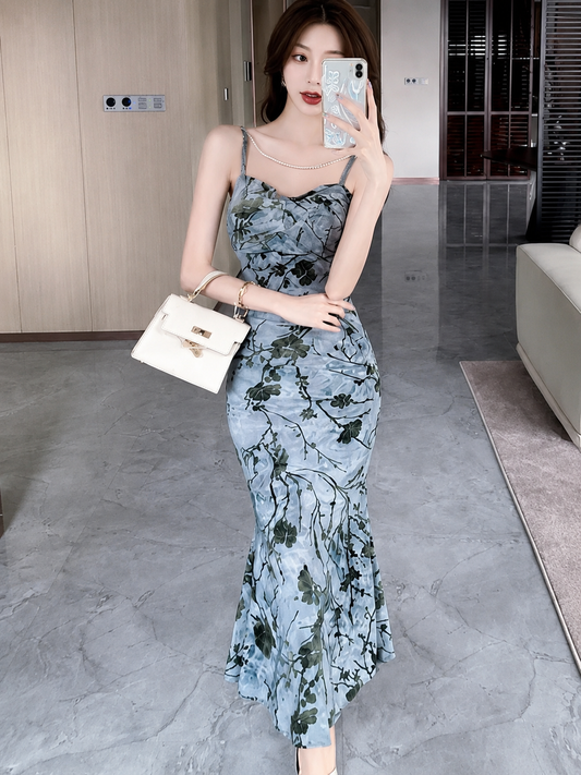 Velvet Bustier Ruched Mermaid Maxi Dress