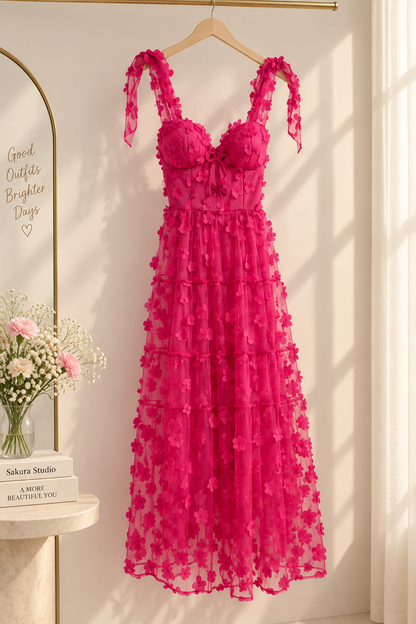 3D Floral Appliqué Tiered Tulle Maxi Dress