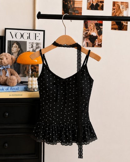 Polka Dot Lace-Trim Peplum Cami Padded Set with Choker