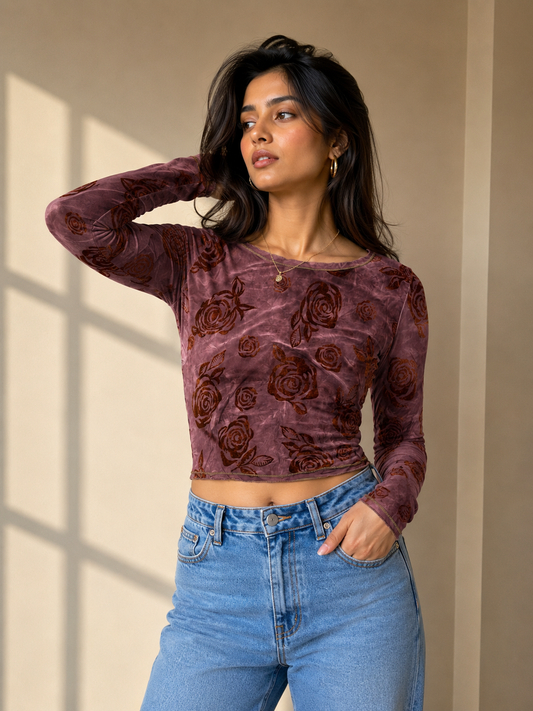 Vintage Flocked Burnout Mock-Neck Long-Sleeve Powernet Top