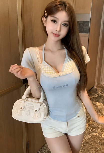 Y2K Layered Gingham Halter Padded Top