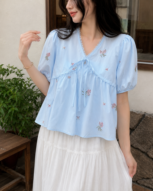 Floral Embroidered Tie-Front Babydoll Top