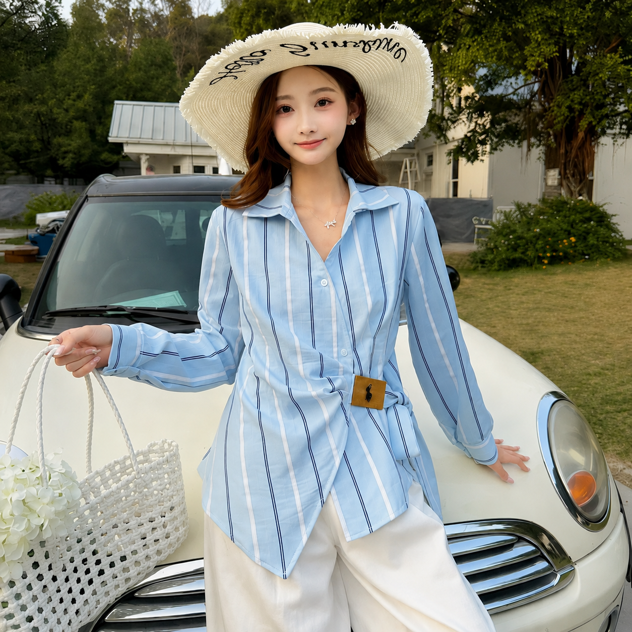 Striped Side-Tie Asymmetric Cotton Shirt