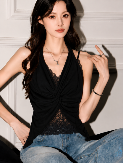 Twist-Front Lace-Panel Halter Top