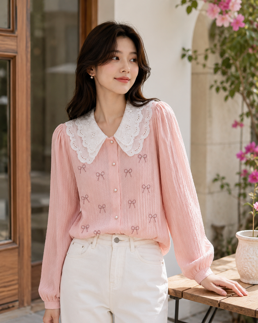 Embroidered Bow Eyelet Peter Pan Collar Shirt