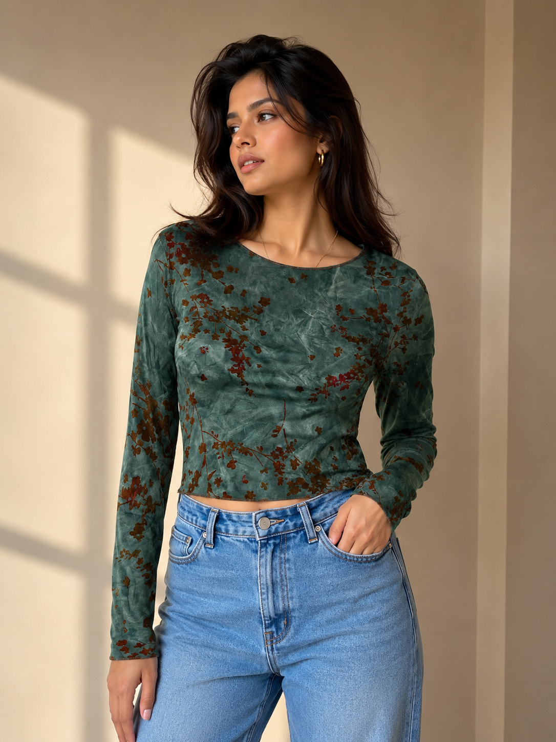 Vintage Flocked Burnout Mock-Neck Long-Sleeve Powernet Top