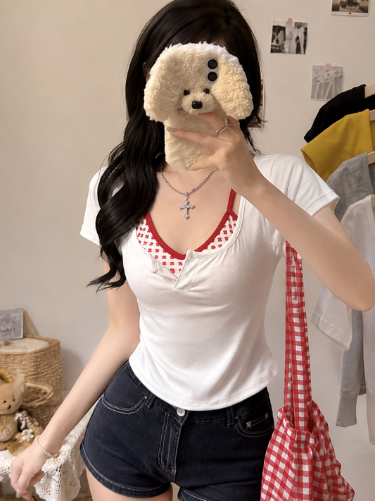 Y2K Layered Floral Henley Padded Top
