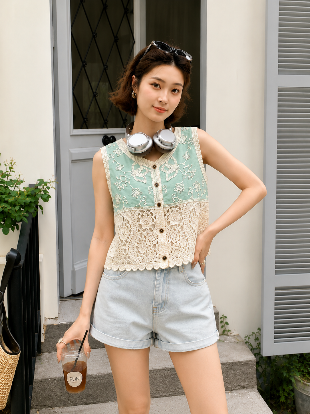 Floral Embroidered Crochet Patchwork Vest Top