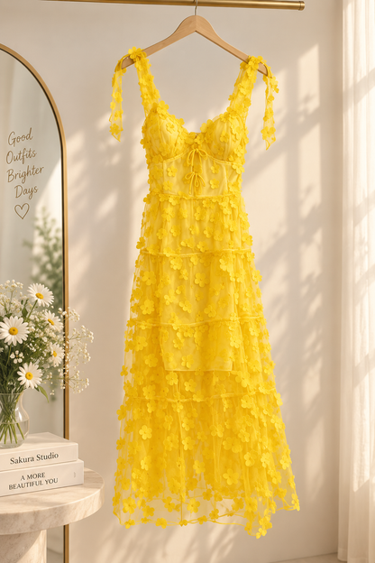 3D Floral Appliqué Tiered Tulle Maxi Dress
