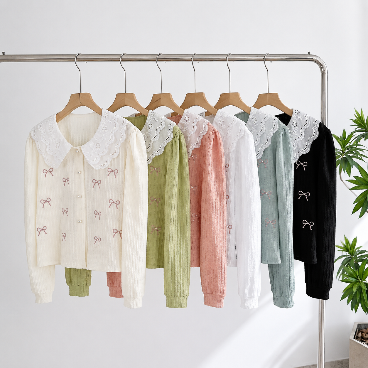 Embroidered Bow Eyelet Peter Pan Collar Shirt
