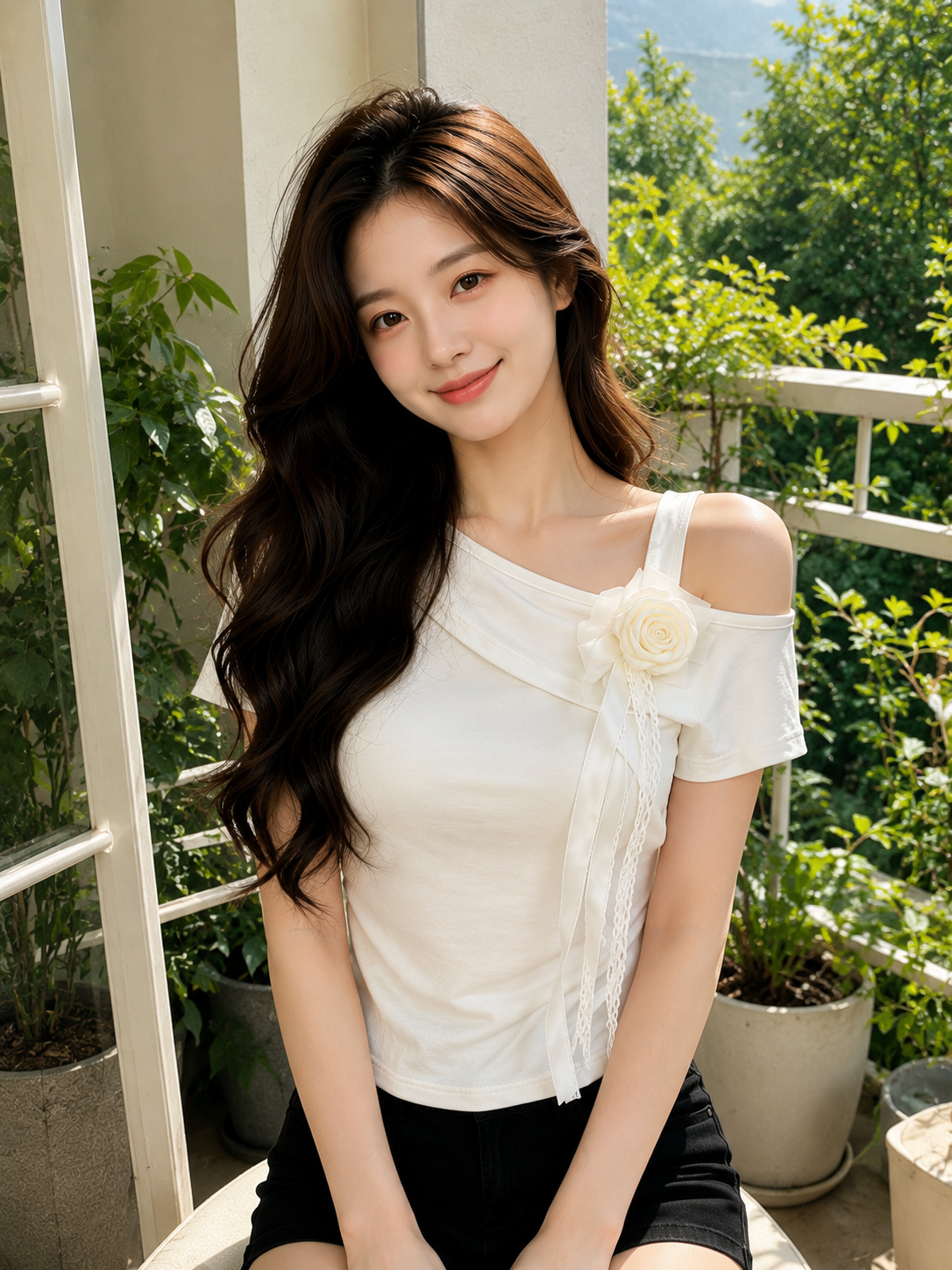 Floral Ribbon Accent Asymmetrical Off-Shoulder Tee