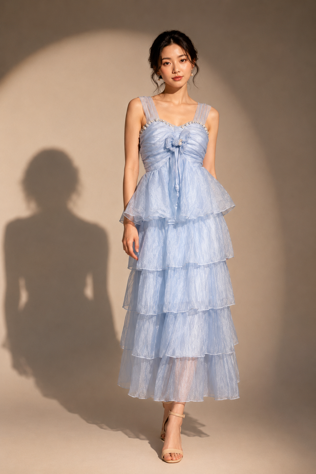 Pearl-Trimmed Tiered Weightless Midi Dress