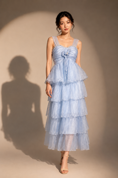Pearl-Trimmed Tiered Weightless Midi Dress