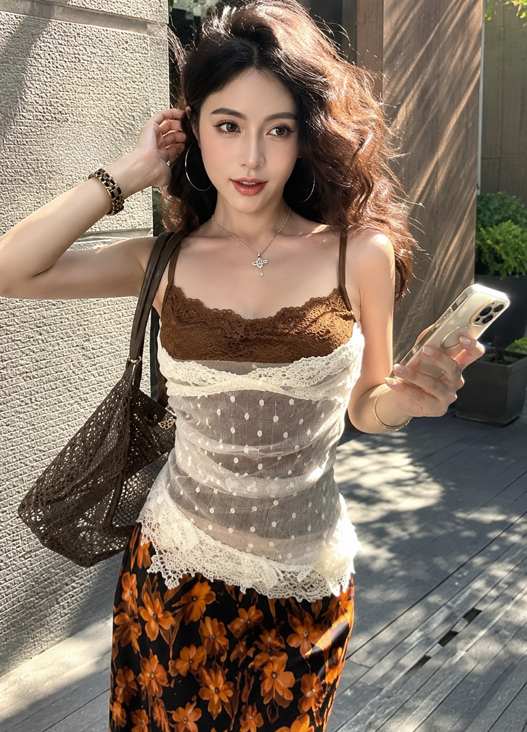 Swiss-Dot Mesh & Floral Lace Patchwork Cami Padded Top