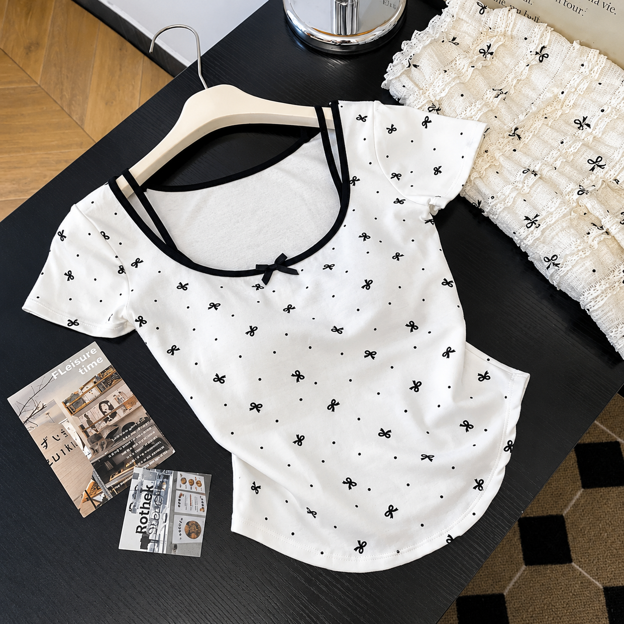 Layered Bow-Print Cami Crop Padded Top