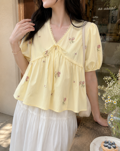 Floral Embroidered Tie-Front Babydoll Top