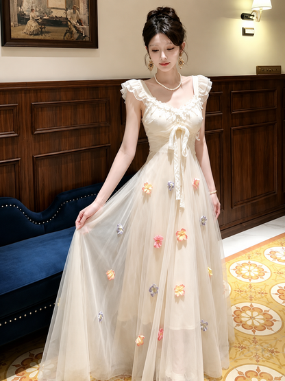 3D Floral Applique Ruffle Sleeve Maxi Dress