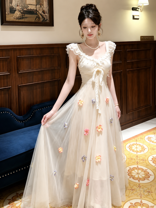 3D Floral Applique Ruffle Sleeve Maxi Dress