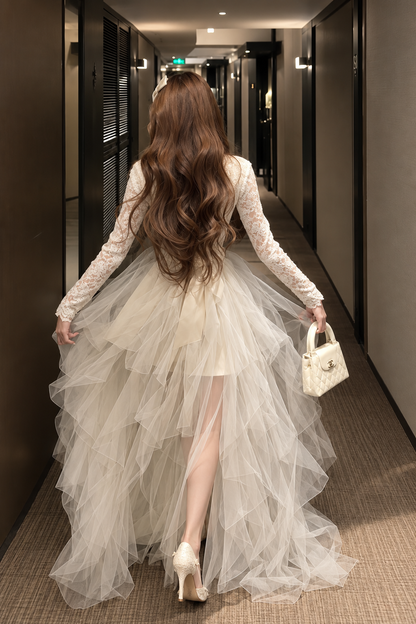High-Low Tiered Tulle & Floral Lace Evening Gown with Train
