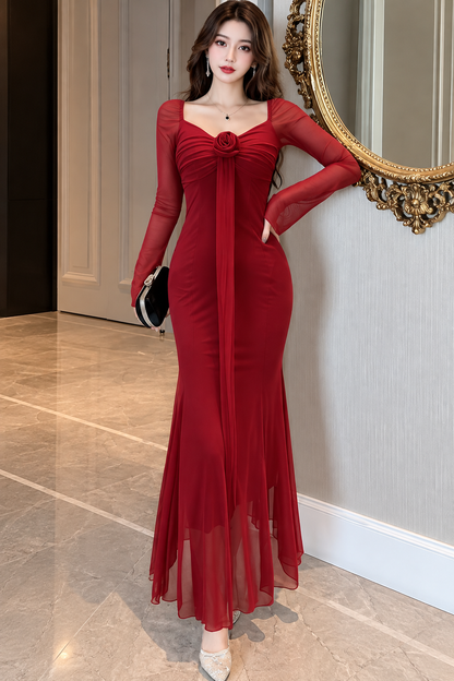 3D Rosette Long-Sleeve Sheer Mermaid Maxi Gown