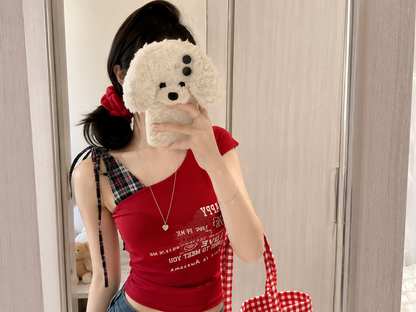 Asymmetrical Plaid Panel Graphic Tie-Strap Padded Top