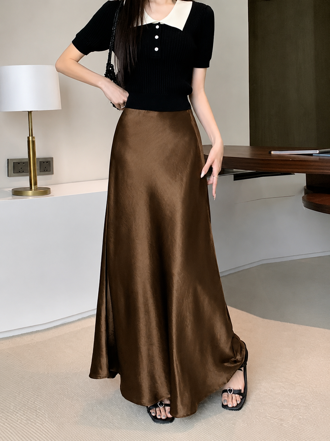 High-Waist Satin A-Line Maxi Slip Skirt