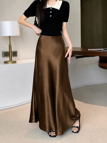 High-Waist Satin A-Line Maxi Slip Skirt