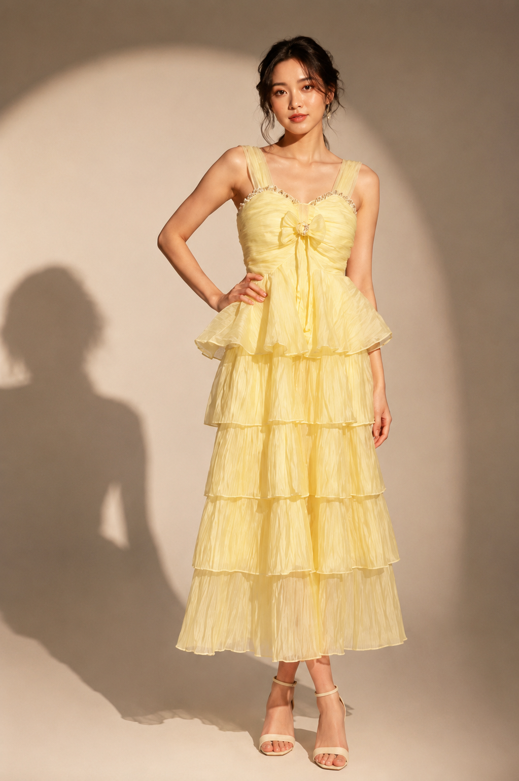 Pearl-Trimmed Tiered Weightless Midi Dress