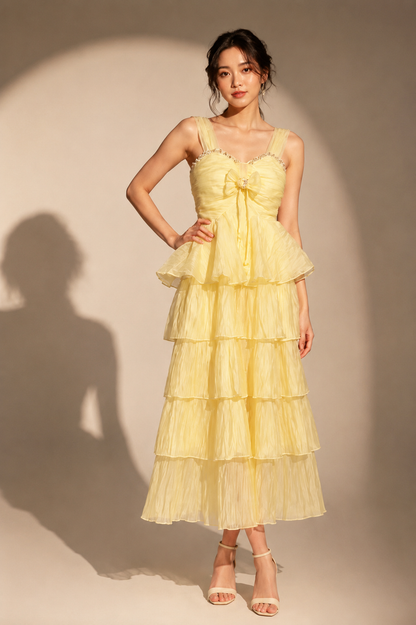 Pearl-Trimmed Tiered Weightless Midi Dress
