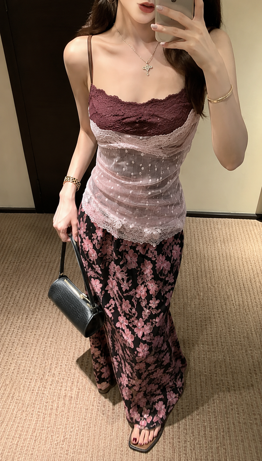 Swiss-Dot Mesh & Floral Lace Patchwork Cami Padded Top