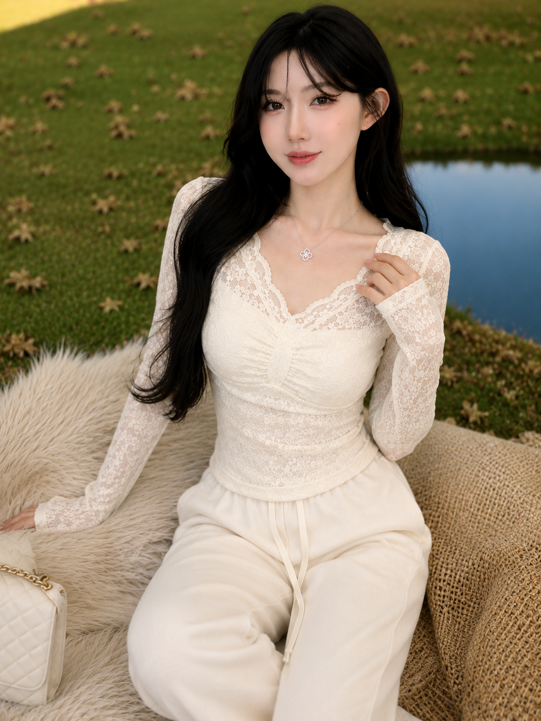 V-Neck Ruched Floral Lace Long-Sleeve Top