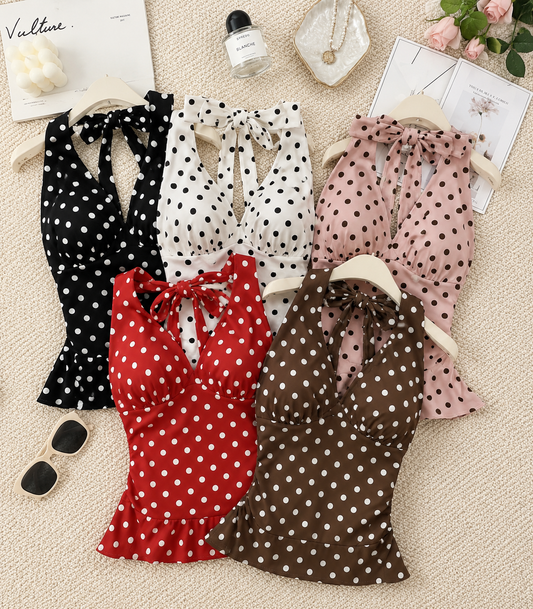 Retro Polka Dot Plunging Halter Peplum Top