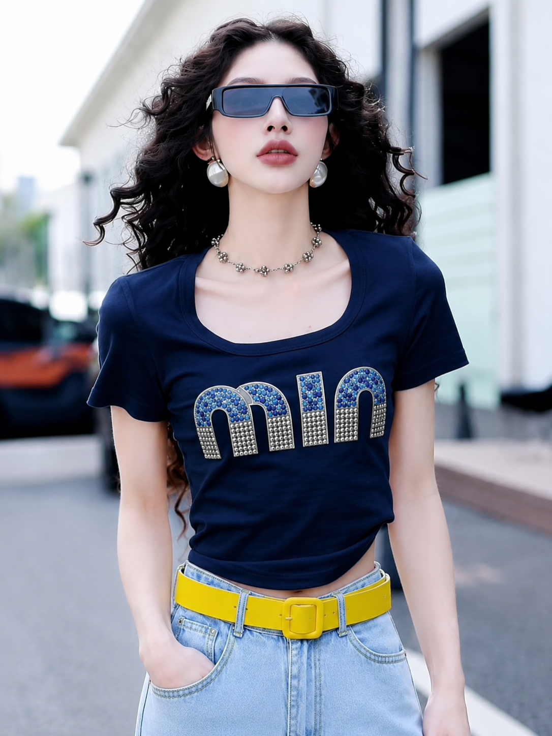 Beaded & Rhinestone Embellished Scoop-Neck Baby Tee