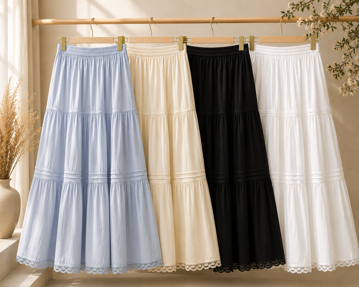 Lace-Trim Tiered Maxi Skirt