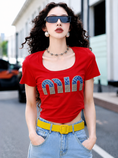 Beaded & Rhinestone Embellished Scoop-Neck Baby Tee