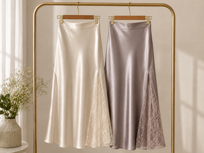 Lace-Panel High-Waist Maxi Slip Satin Skirt