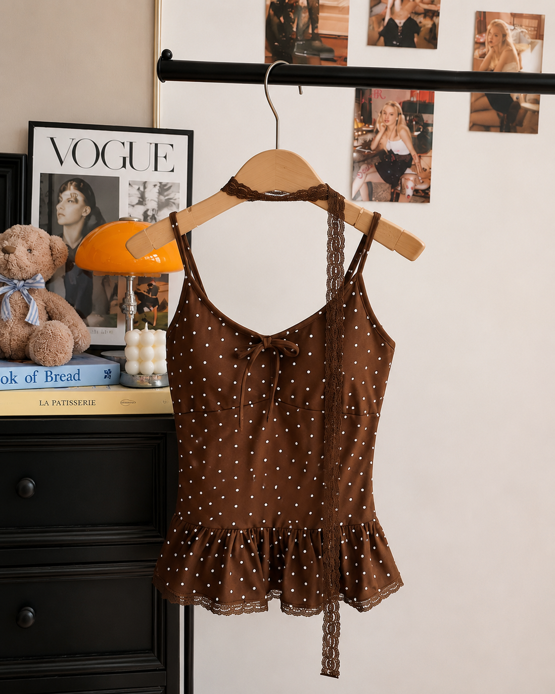 Polka Dot Lace-Trim Peplum Cami Padded Set with Choker