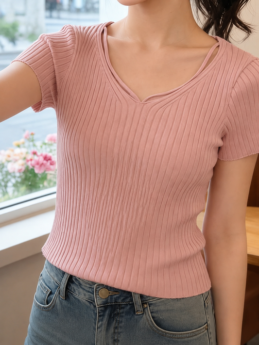 Faux Strappy Ribbed V-Neck Knit Tee