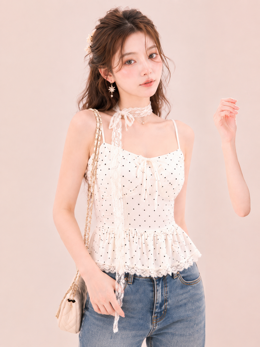 Polka Dot Lace-Trim Peplum Cami Padded Set with Choker