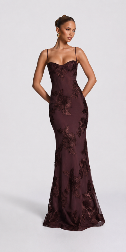 Embroidered Floral Lace-Up Mermaid Maxi Gown