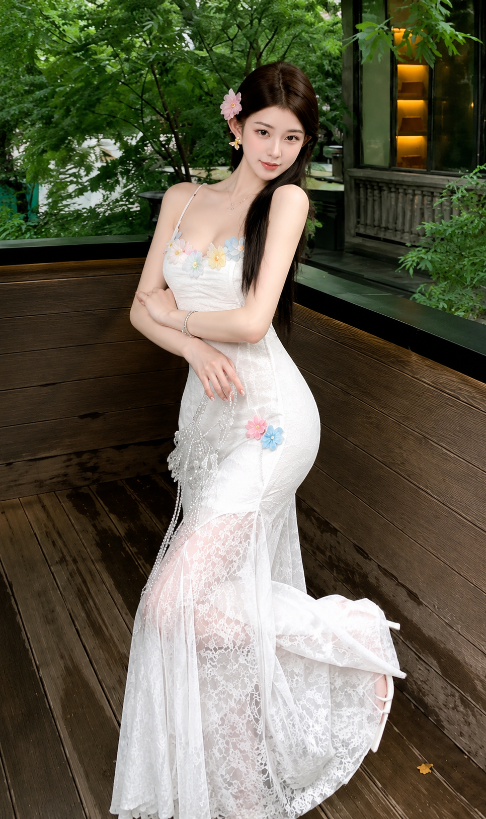 3D Floral Applique All-Over Lace Mermaid Maxi Dress