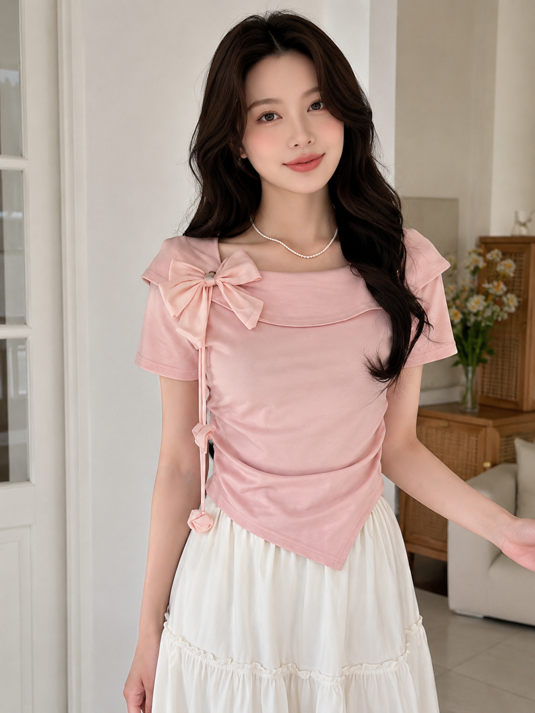 Portrait Collar Statement Bow Asymmetric Top