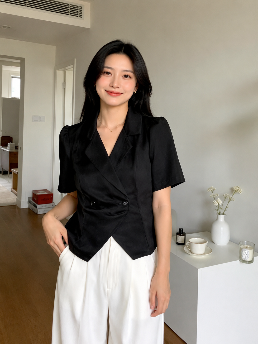 Double-Breasted Asymmetric Hem Short-Sleeve Top