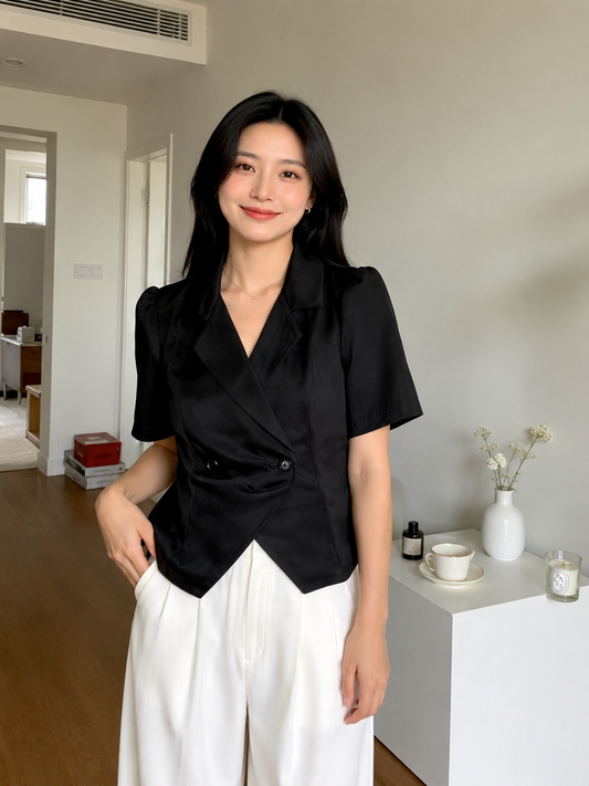 Double-Breasted Asymmetric Hem Short-Sleeve Top