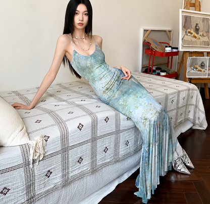Abstract Print Power Net Slip Mermaid Dress