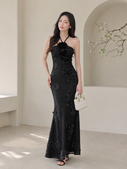 3D Floral Applique Halter Mermaid Gown
