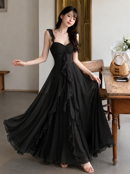 Cascading Ruffle Power Net Maxi Dress